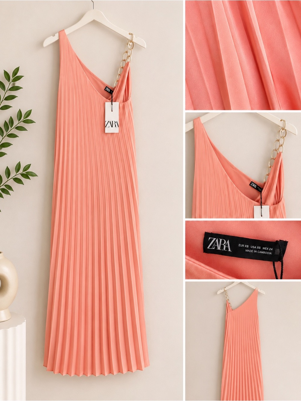 Zara Coral Pleated One-Shoulder Dress with Gold Chain Strap